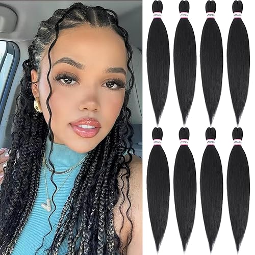 Miniatura 1 de Cabello trenzado preestirado de 20 pulgadas, 8 paquetes de cabello trenzado negro para mujeres, extensiones de cabello trenzado sin nudos, textura