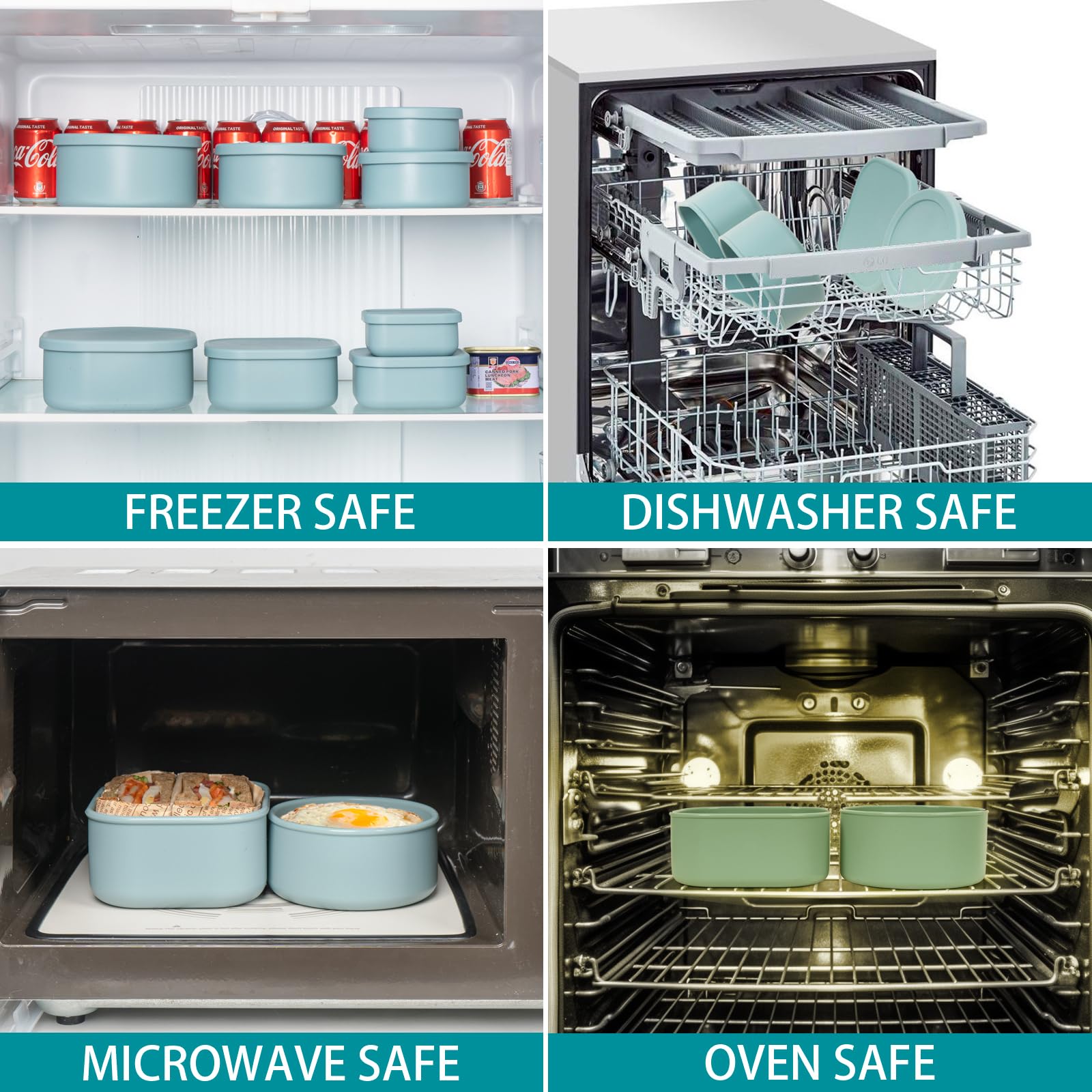 Frischhaltedosen aus 100 % Silikon mit Deckel, 8 Stück, 284 ml bis 1,4 l, wiederverwendbar, auslaufsicher, stapelbar, Bento-Lunchbox, mikrowellen-, gefriergeeignet, spülmaschinenfest, BPA-frei