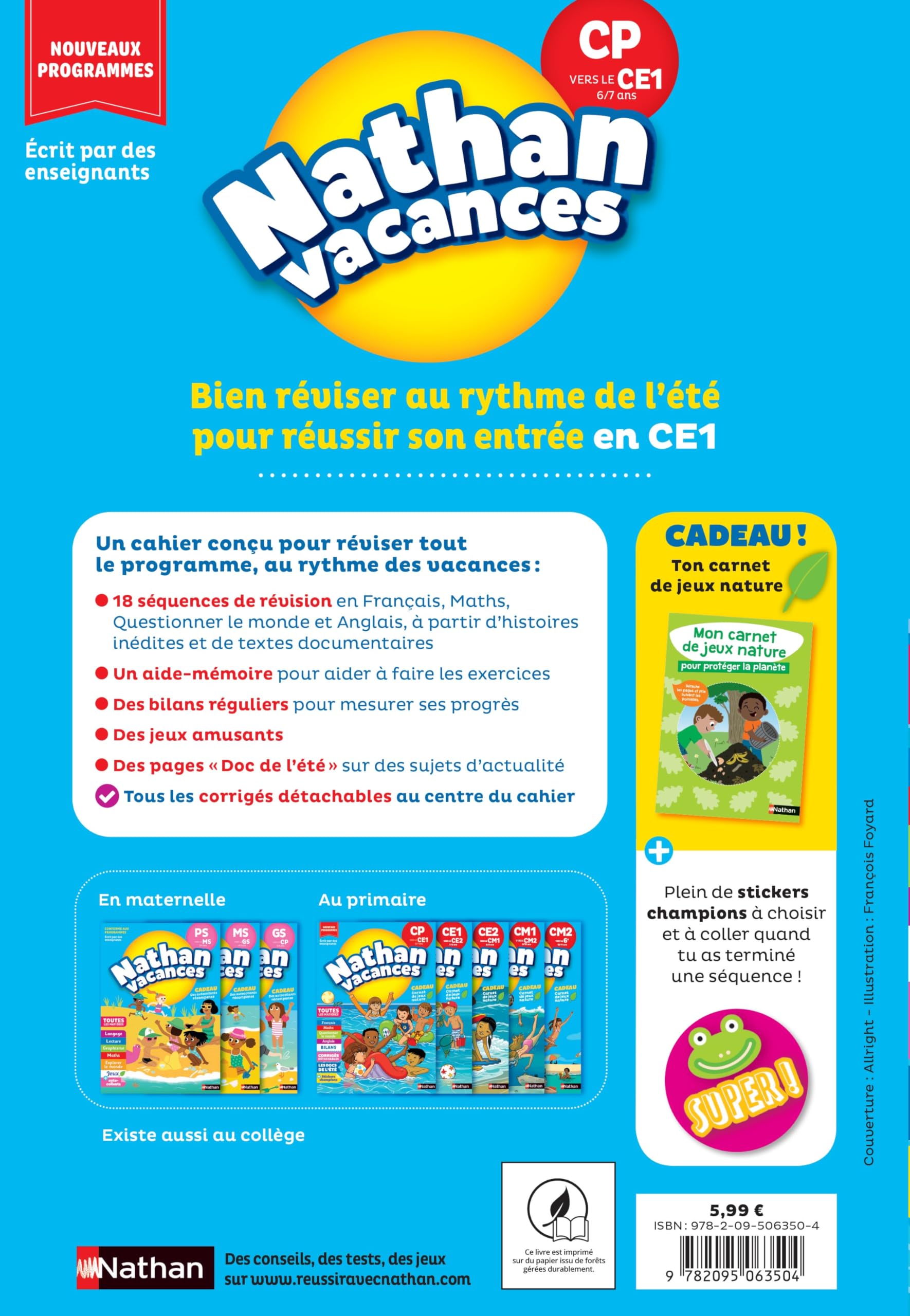 Cahier de vacances 2026 du CP vers le CE1 (6-7 ans) - Révisions complètes : Français, Maths, Anglais / Nouveaux programmes - corrigés détachables - Nathan Vacances