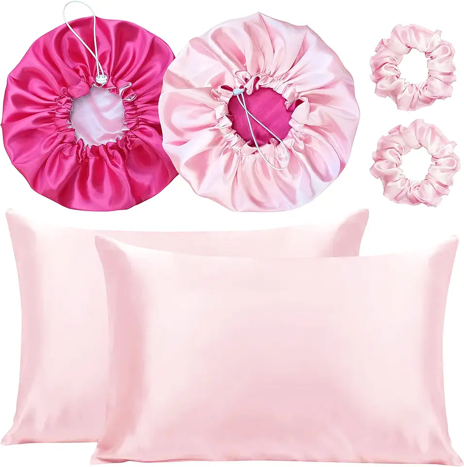 Kit 2 Fronha De Cetim Seda + 2 Toucas + 2 Xuxinhas (Rosa/Pink)