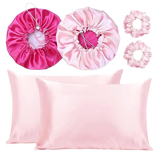 Kit 2 Fronha De Cetim Seda + 2 Toucas + 2 Xuxinhas (Rosa/Pink)