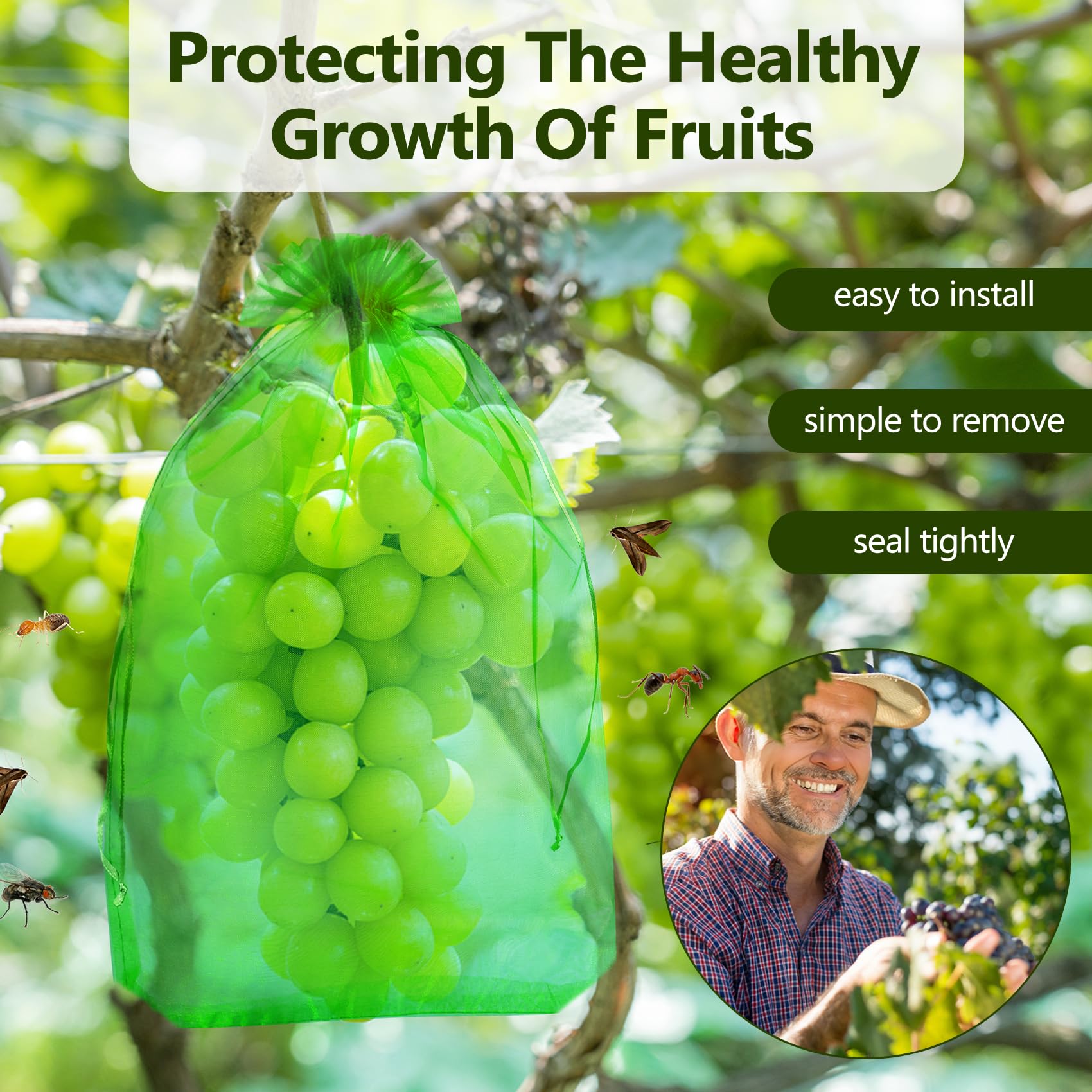 100 Pezzi Sacchetti di Protezione 30x40 cm per Uva, Sacchetti Organza con Coulisse, con 10 Trappole Adesive per Insetti da Giardino, per Protezione Frutta Proteggere da Vespe, Uccelli e Moscerini.