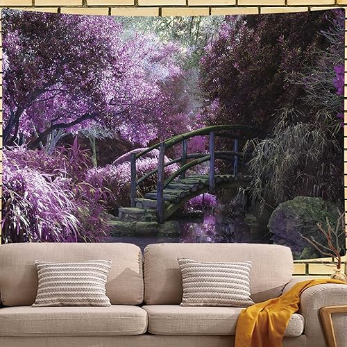 Miniatura 7 de JAWO Tapiz de paisaje natural con flores moradas florecientes, bosque romántico de buganvillas con decoración de puente rústico, para colgar en la