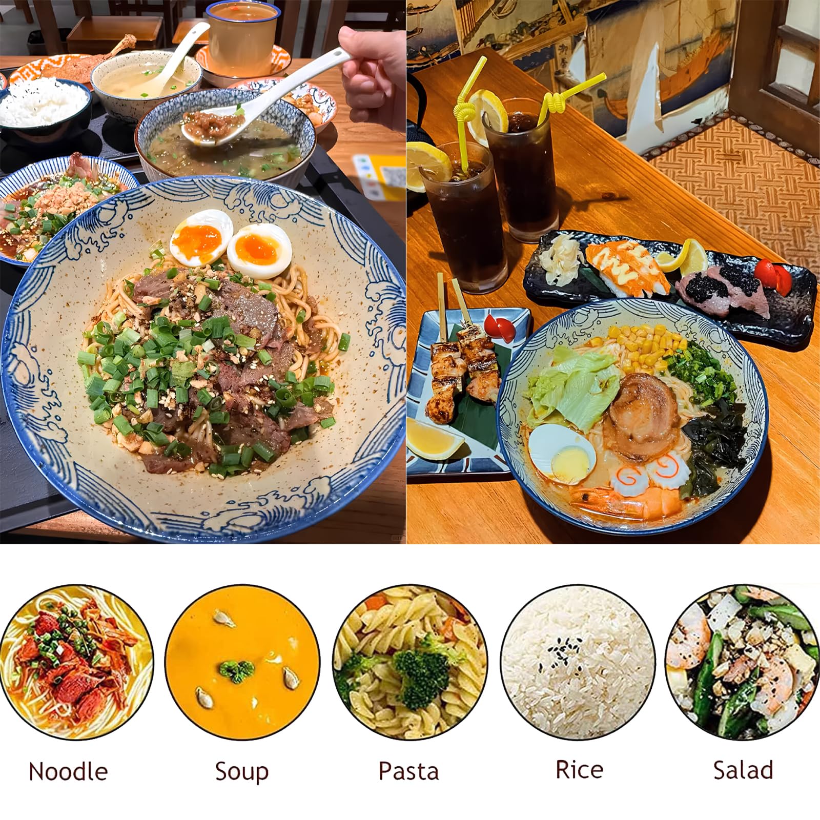 2 Set Ciotola per Ramen in Ceramica 1200 ml, Set di Ciotole per Ramen 1200 ml, Grande Ciotola Zuppa Noodles Giapponese, con Bacchette e Cucchiaio, per Zuppa di Ramen, Pasta, Macedonia, Riso