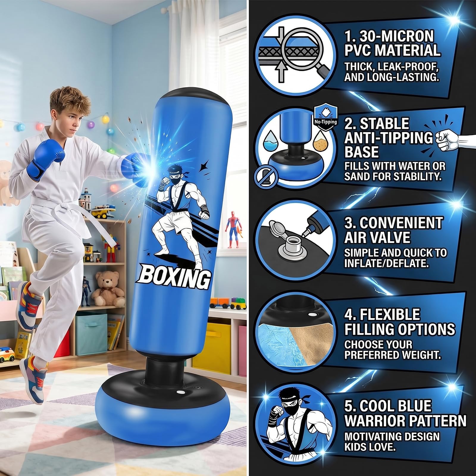 Sac de Frappe Enfant sur Pied 168cm Bleu, avec Gants de Boxe et Pompe Punching Ball Enfants pour Karaté, Taekwondo Fille & Garçon 5-12 Ans - 2
