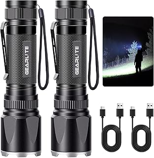 GEARLITE Lampe Torche Rechargeable 2 Pièces, 3000LM Mini Lampe de Poche Tactique LED Ultra Puissante Rechargeable Zoomable avec 4 Modes D'éclairage, IP65 Étanche Longue Portée LED Flashlight