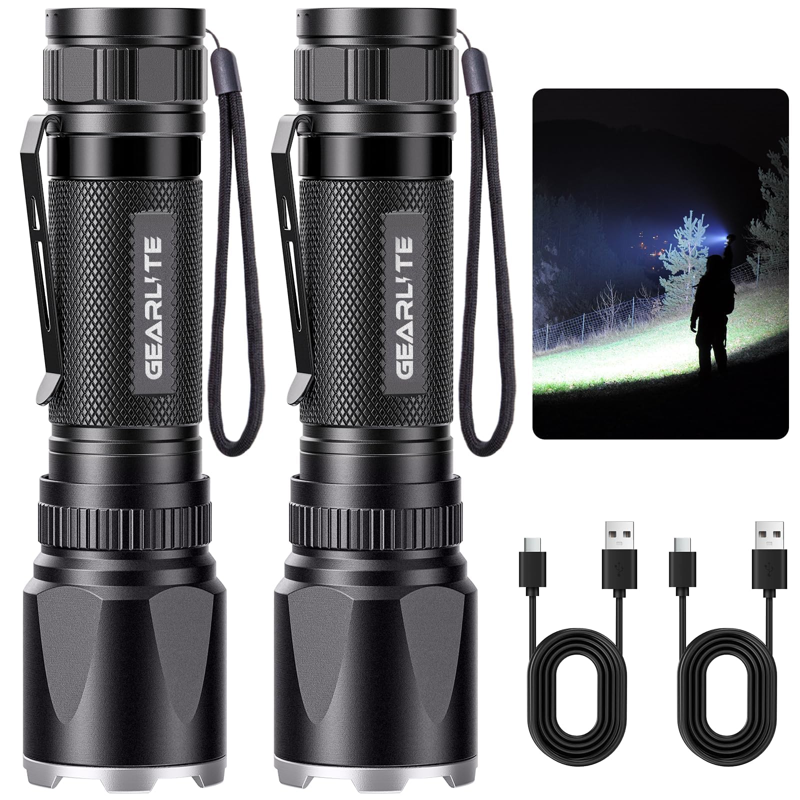 GEARLITE Taschenlampe Led Aufladbar 2Pack, Superhelle Zoombare 3000 Lumen Mini Torch mit 3 Lichtmodi & Langer Betriebsdauer, IP65 Wasserdicht Taktische Handlampe für Camping, Angeln, Outdoor, Notfäll