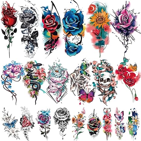 77 Sheets Temporary Tattoo, 17 Sheets Half Arm Flower Rose Skull Butterfly Snake Fake Tattoos for Adults, 60 Sheets Tiny Waterproof Temporary Tattoos Body Art Sticker Realistic for Women Girls or Kids