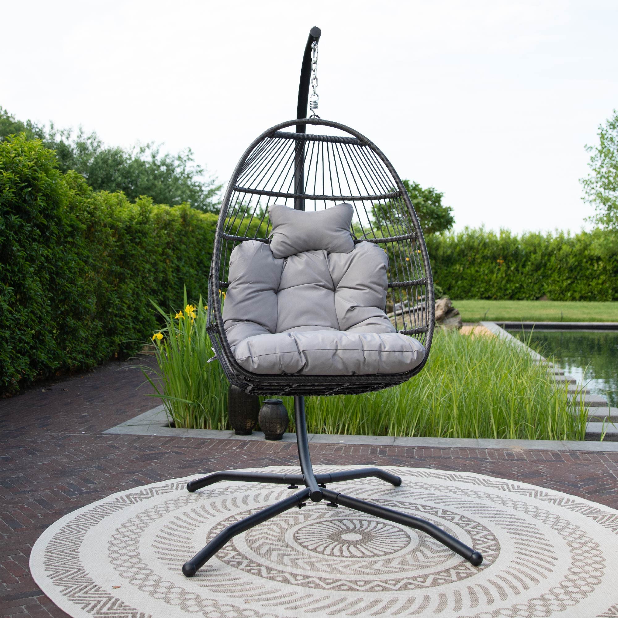 VITA5 Hängesessel mit Gestell - Bequemer Hängekorb Sessel - Rattan Hängesessel Outdoor und Indoor - Boho Egg Schaukel für Terrasse&Leseecke - 150 kg Tragkraft (Grau)