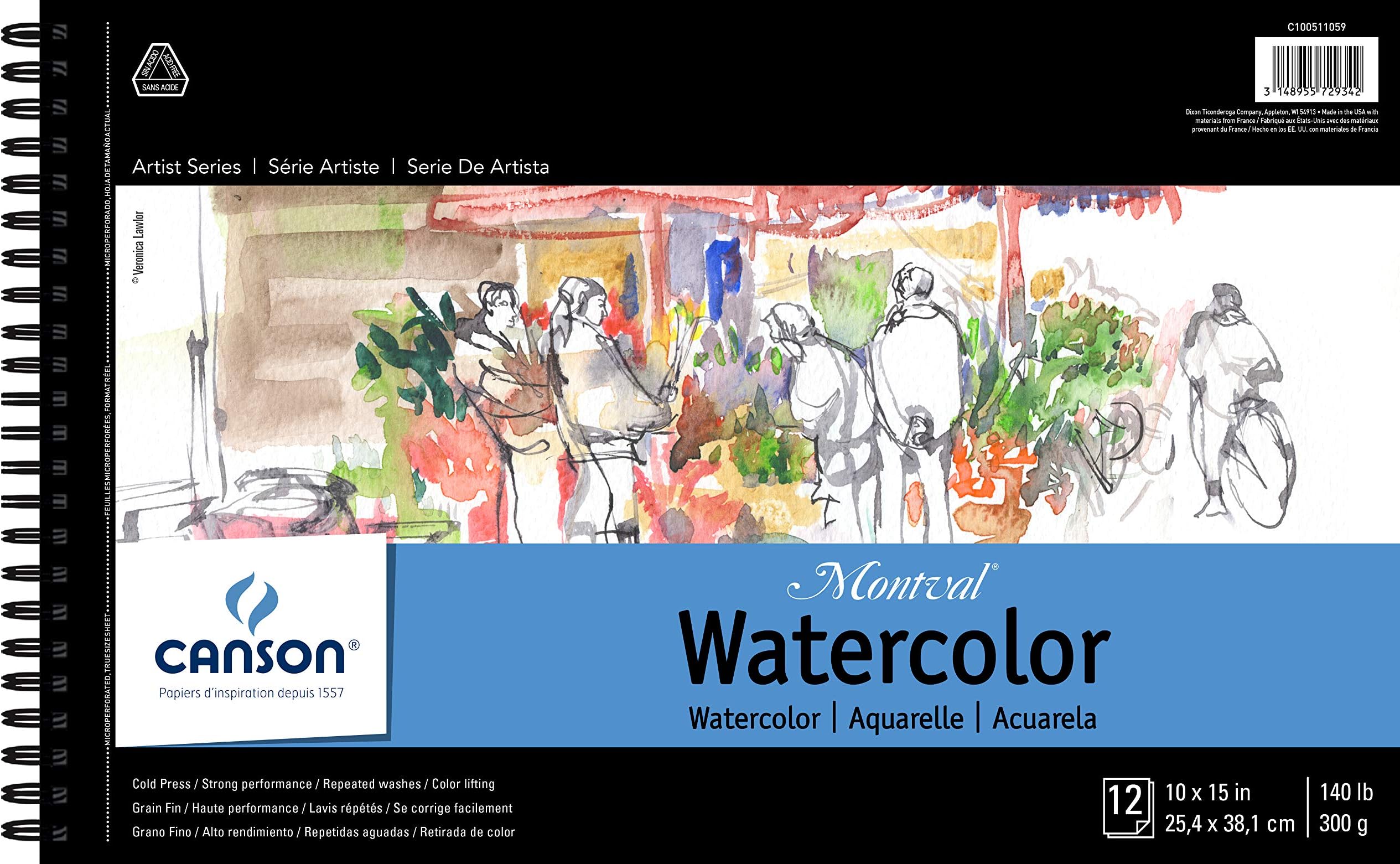 Montval Watercolor Pad, Cold Press Acid Free French Paper, Side Wire Bound, 140 Pound, 10 x 15 Inch, 12 Sheets