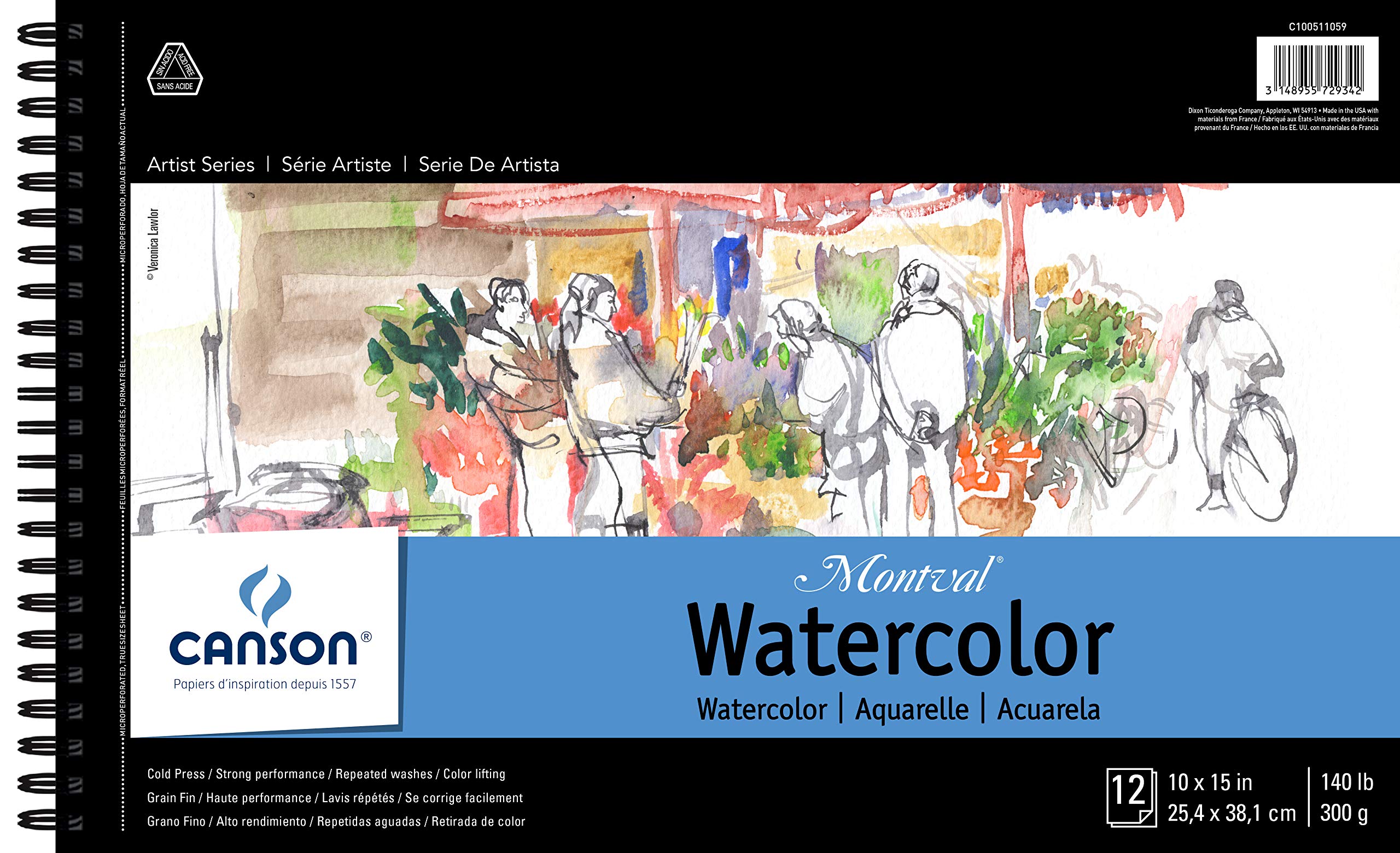 Montval Watercolor Pad, Cold Press Acid Free French Paper, Side Wire Bound, 140 Pound, 10 x 15 Inch, 12 Sheets