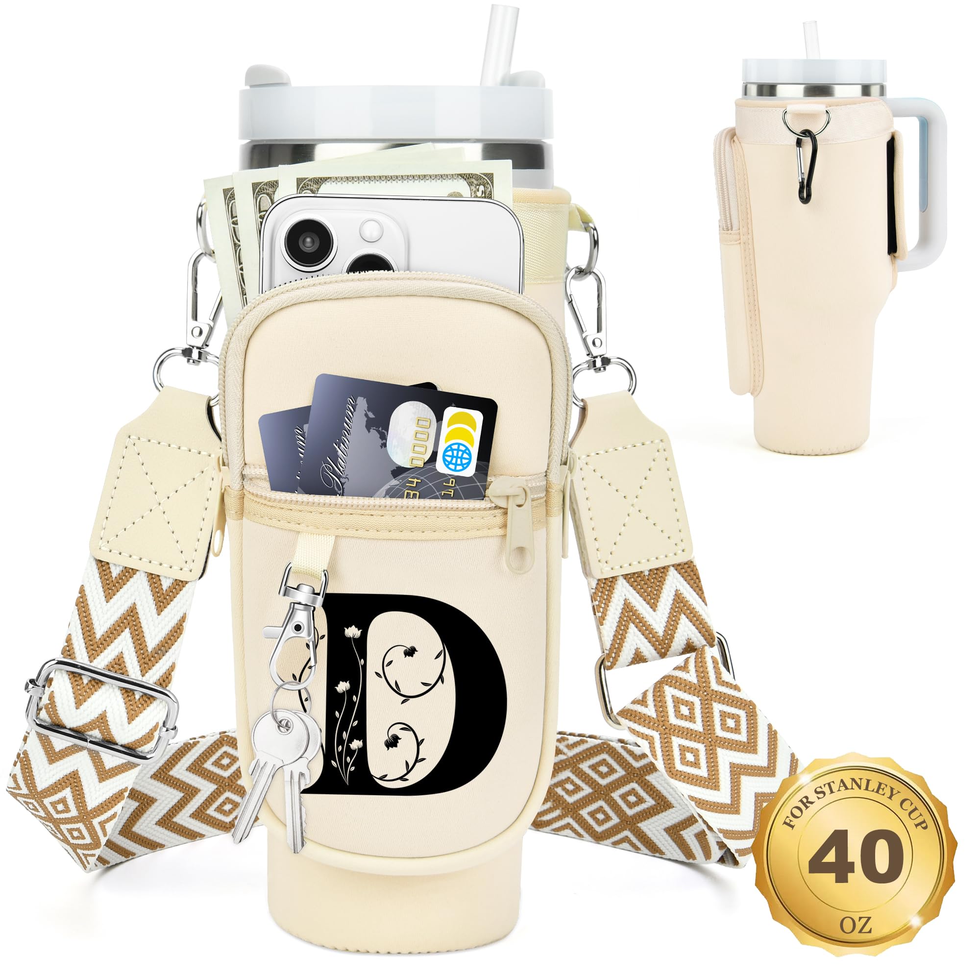 Initial Water Bottle Holder with Strap for Stanley Cup 40 oz Tumbler