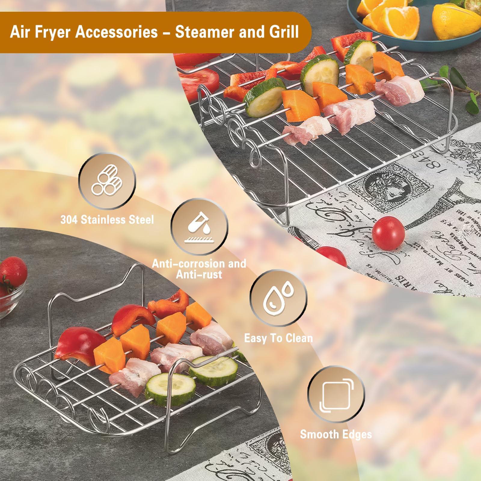 Set 7 Accessori Per Friggitrice Ad Aria In Acciaio Inox 304 – Griglia, Spiedini E Pennello – Adatto A Cestelli 3.7-9.5L - 6