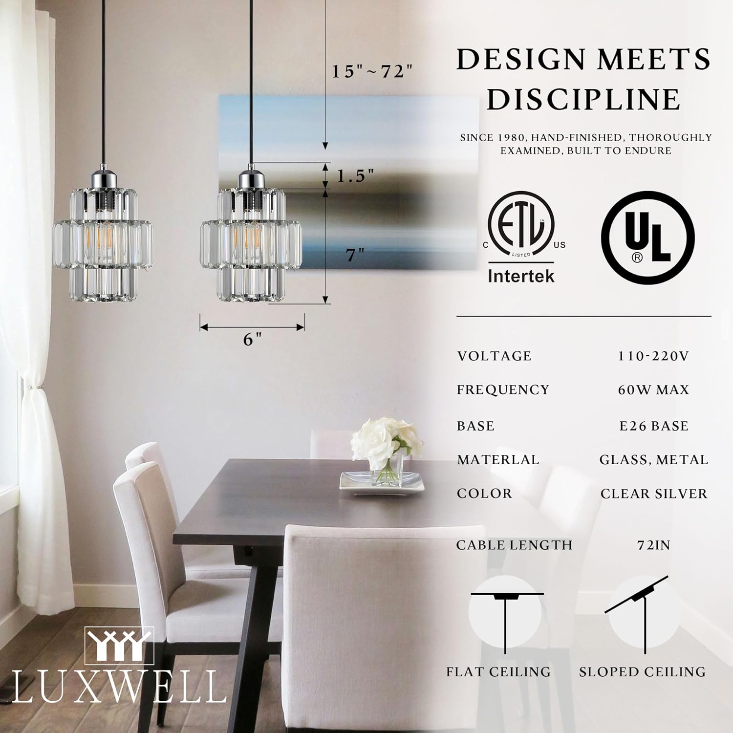 Modern Crystal Chandelier, 6"x7" Classic Crafted Pendant Light, Glass & Metal Hanging Light for Innovative Small Space Use in Dining Room, Kitchen Island, Bedroom, Living Room - Luminous