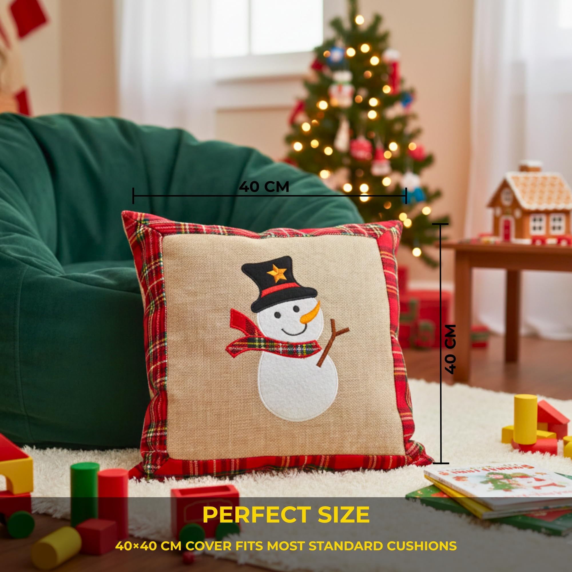 SHATCHI Housses de Coussin en Toile Jute pour la Maison, Chambre à Coucher, Le Bureau, Jute, Coton et Lin imprimé - Renne, Bonhomme Neige, Rouge-Gorge, Pudding Noël, 40 x cm