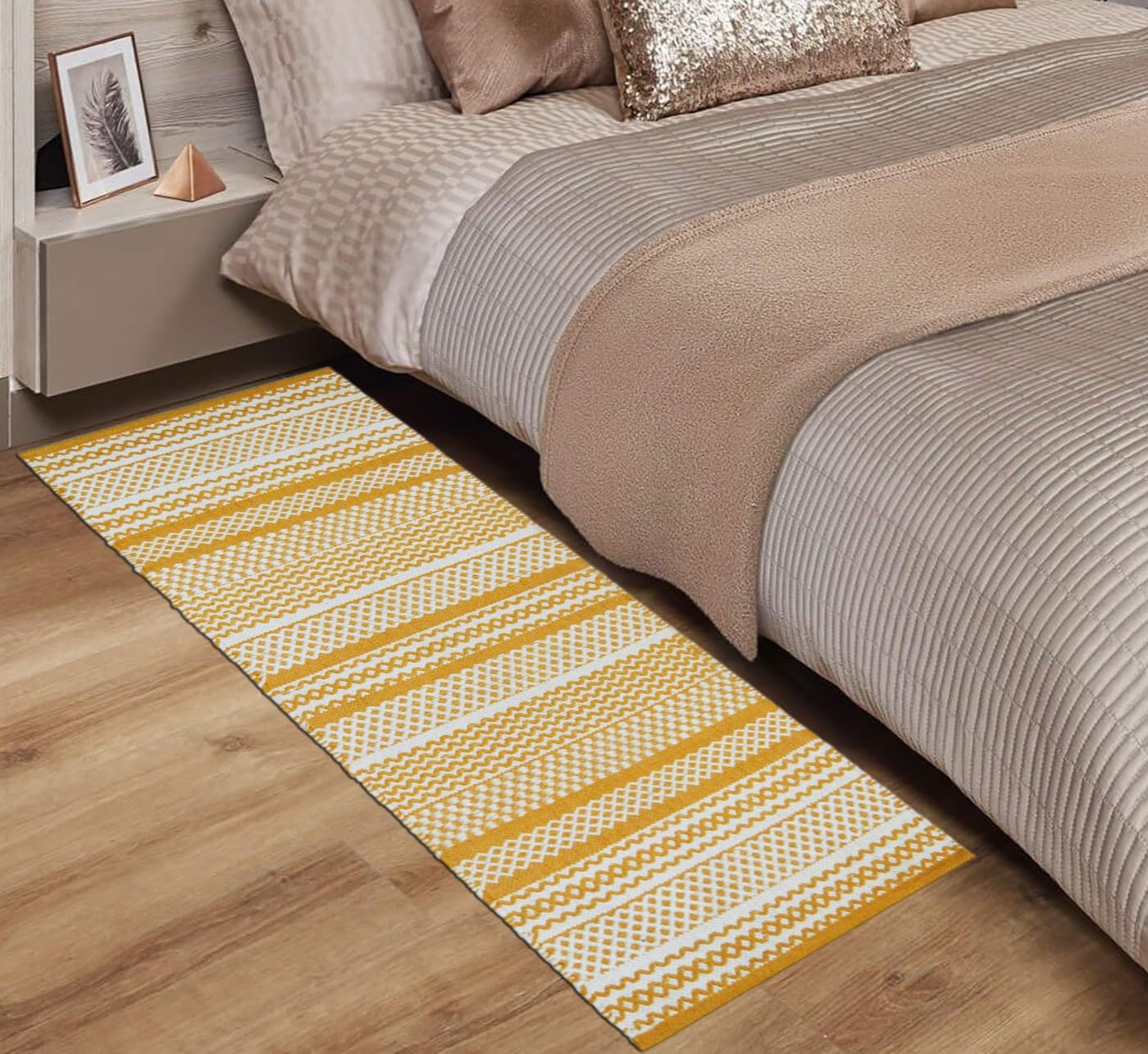 Handwoven Cotton Runner for Bedroom, Kitchen, Balcony, etc. Size- 45X130cm, Machine Washable 8 mm Thick, Anti Slip, Yellow