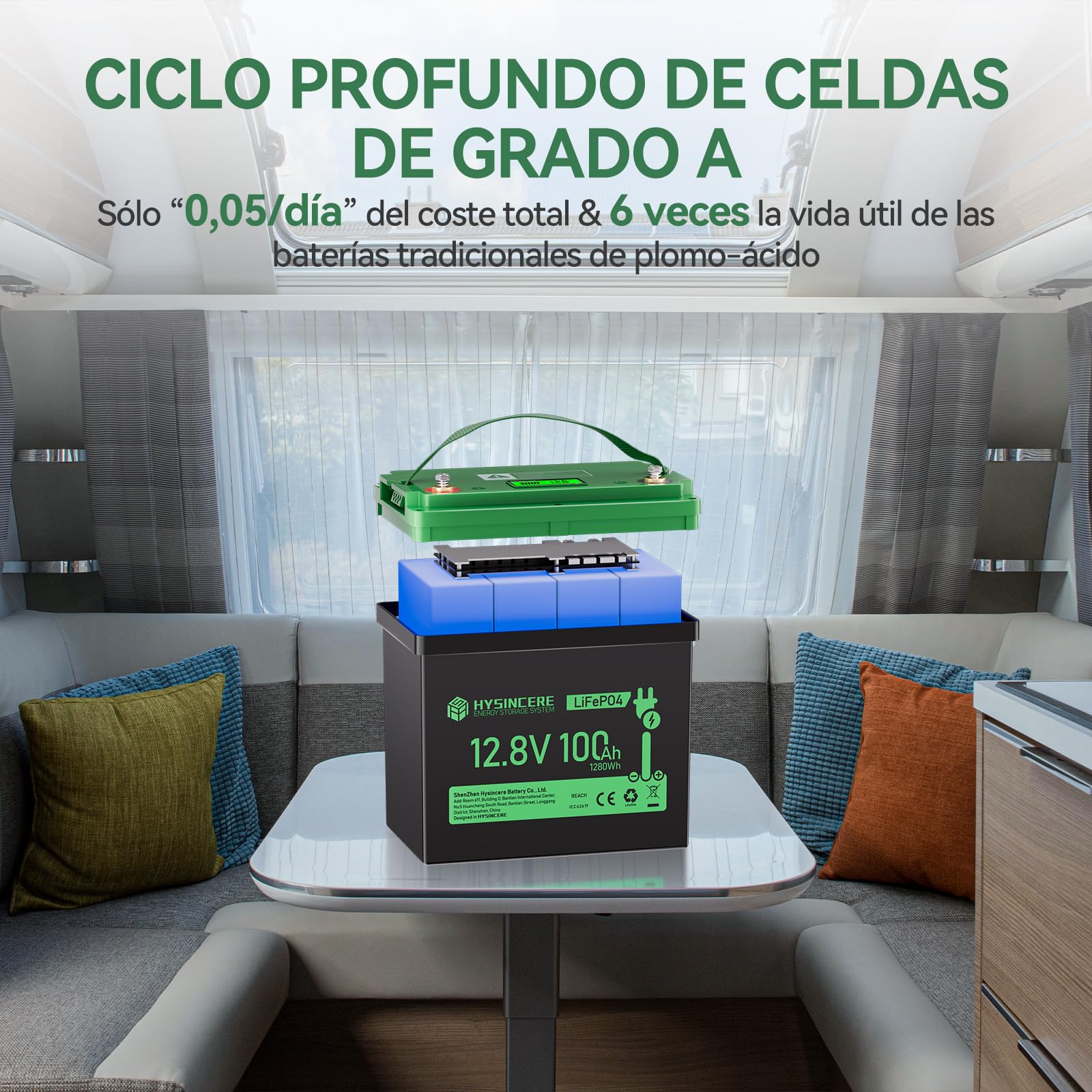 Bateria de Litio Mini LiFePO4 12V 100Ah con LED 1Pack, 100 A BMS Inteligente y Máx.15.000 ciclos, Batería de Ciclo Profundo de 12 V 1280 Wh Recargable para Autocaravana, Camping