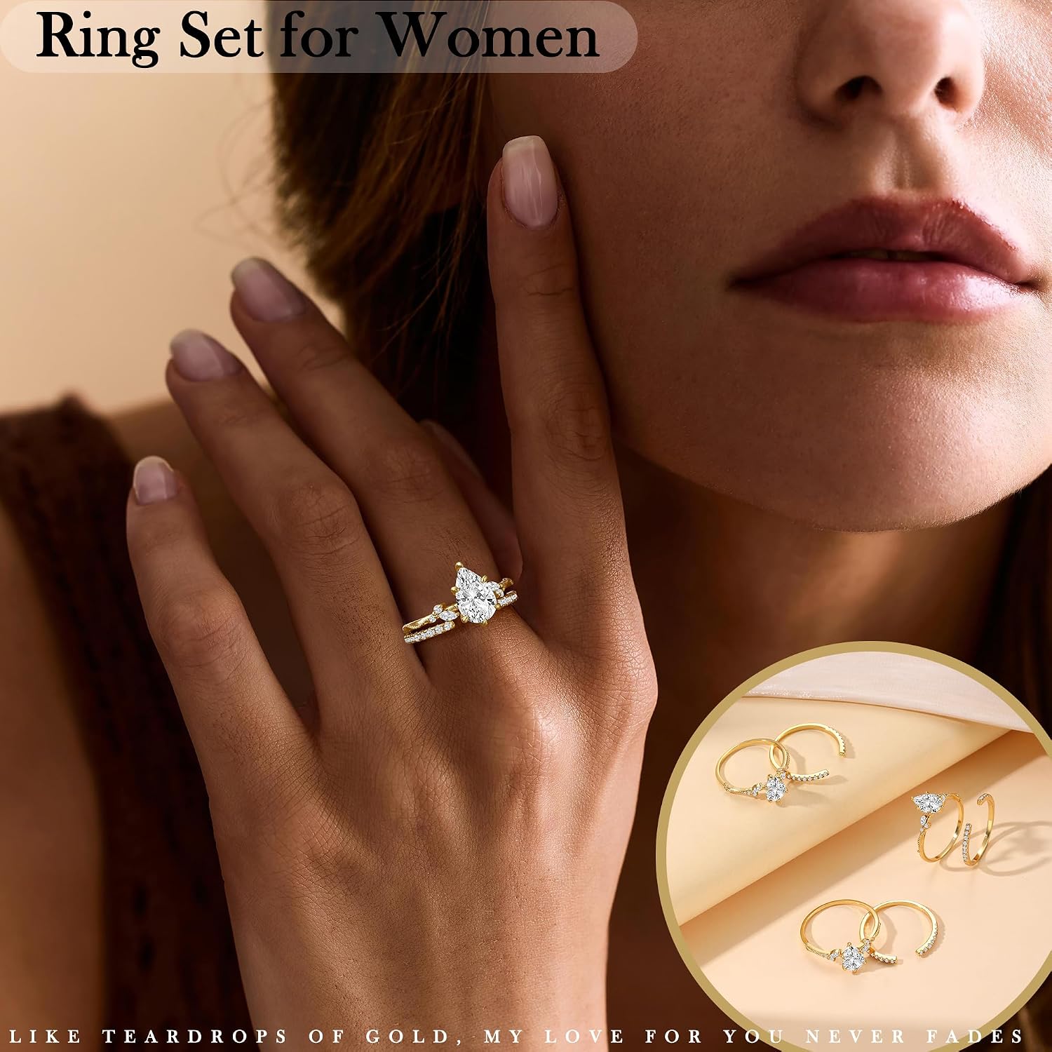 Btysun Wedding Rings for Women Engagement Gifts Promise Rings for Her Gold Stackable Ring Set 2pcs 5A+ Cubic Zirconia Ring Teardrop Cut Anniversary Birthday Gift for Her Size 5-10