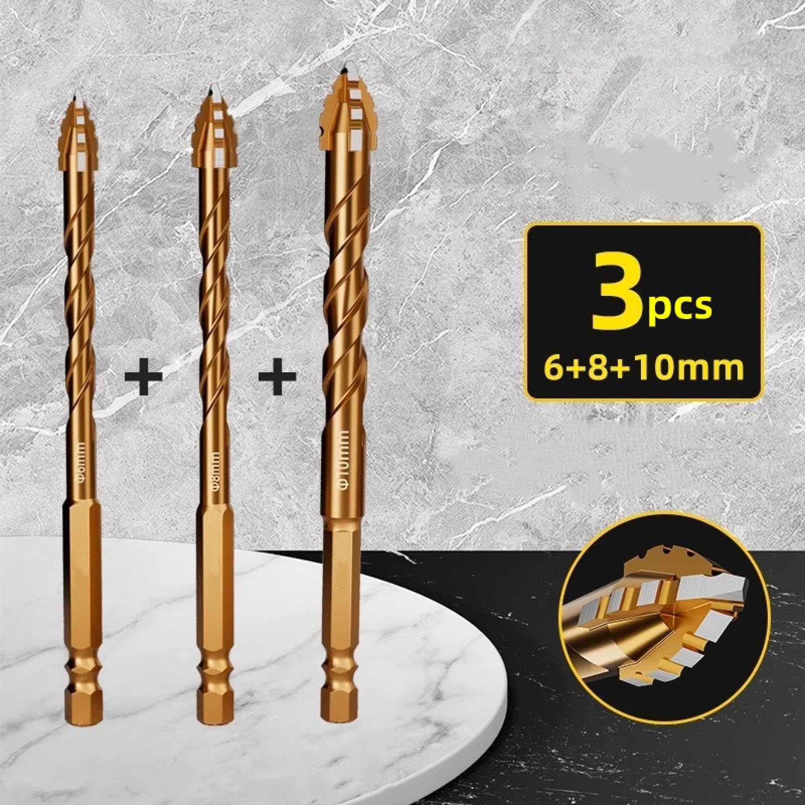 Broca de sierra de cuatro filos para taladrar baldosas y hormigón. Taladro eléctrico especial. Broca de dureza ultraalta (3 piezas de 6, 8 y 10 mm).