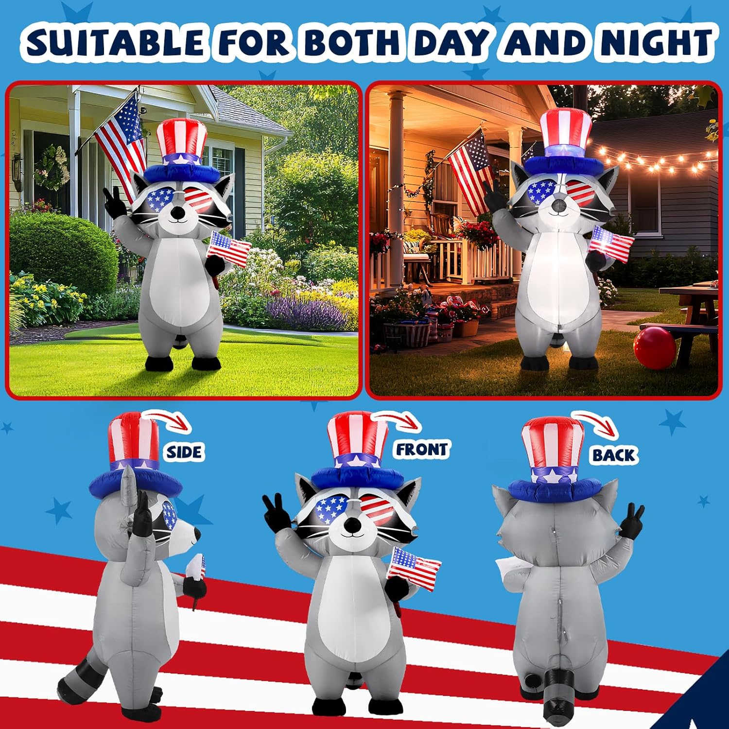 Gerrii 5 ft Tall Patriotic Inflatable Raccoon Independence Day 4th of July 250th Patriotic Raccoon Inflatable with American Flag Blow up Decor for Independence Day Yard Outdoor Patio Lawn Garden