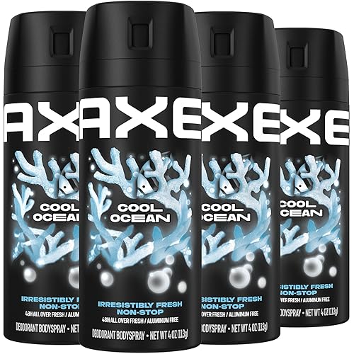 AXE Dual Action Body Spray Deodorant for Long Lasting Odor Protection Cool Ocean All Day Fresh Scent Mens Deodorant Formulated Without Aluminum, 4 Oz (Pack of 4)