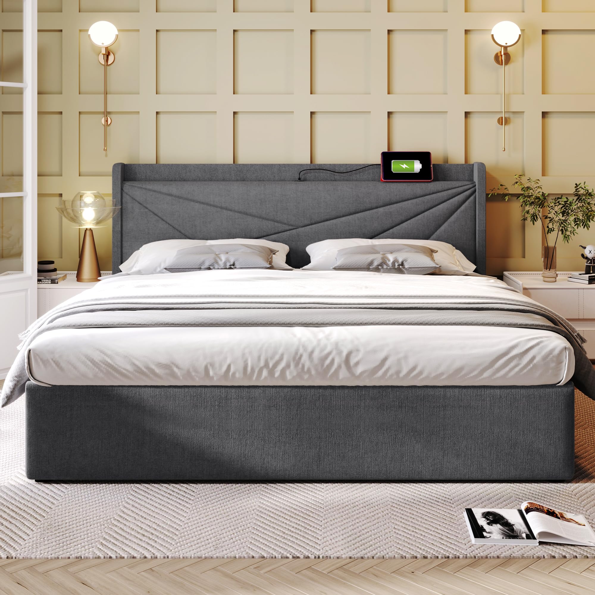 Coffre 160x200 avec Rangement et Port USB Type C - Lit Capitonné Double 160x200 cm Sommier à Lattes, Gris (sans Matelas)