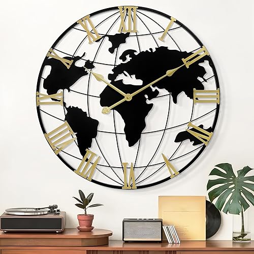 Miniatura 1 de LEIKE Reloj de pared grande de 32 pulgadas, reloj de pared de estilo moderno con mapa del mundo, reloj grande para decoración de pared, sala de