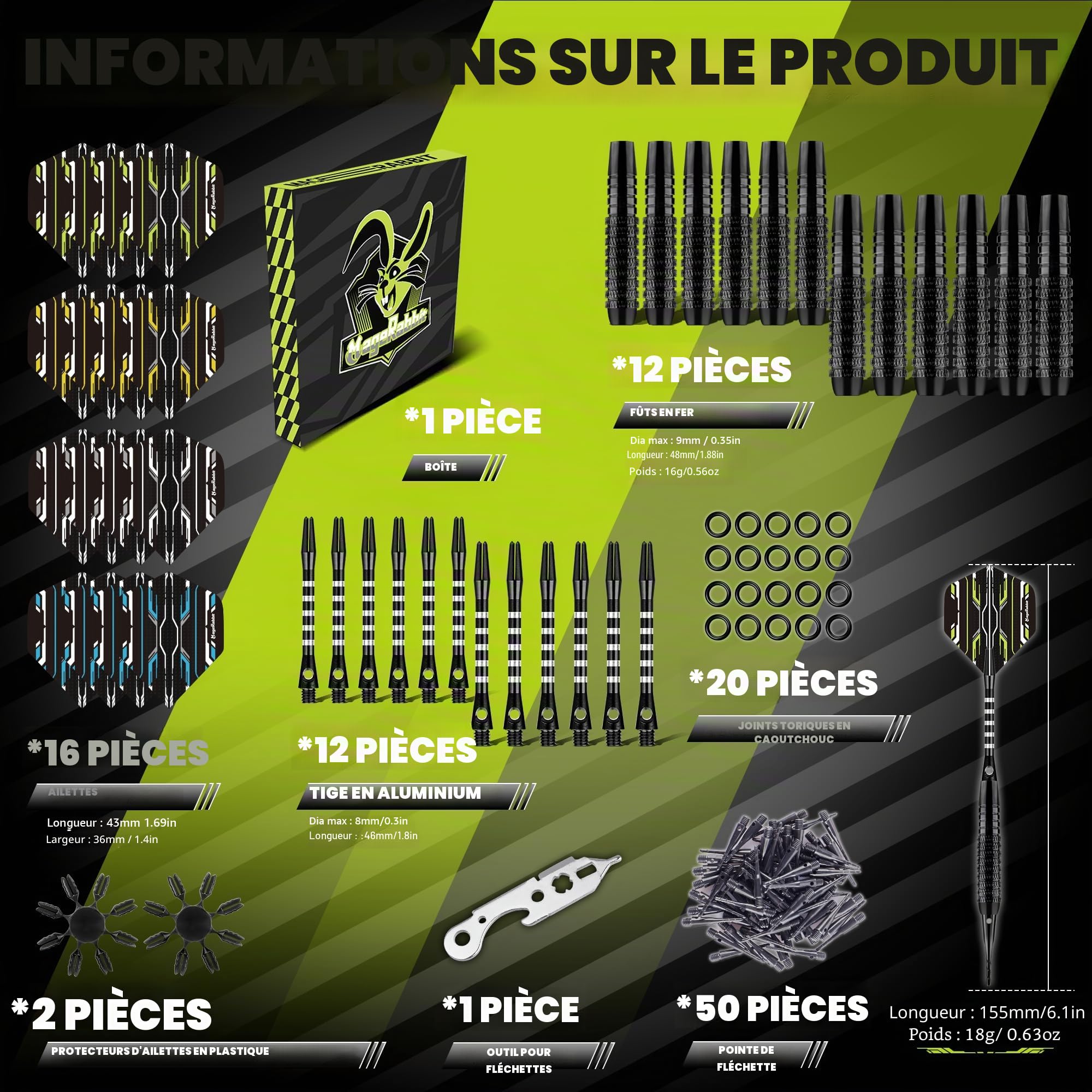 Lot de 12 fléchettes à pointe en plastique de 18 g avec 16 fléchettes – Fléchettes à pointe souple avec 50 pointes de fléchettes supplémentaires, 16 protections de vol et 1 clé pour cible