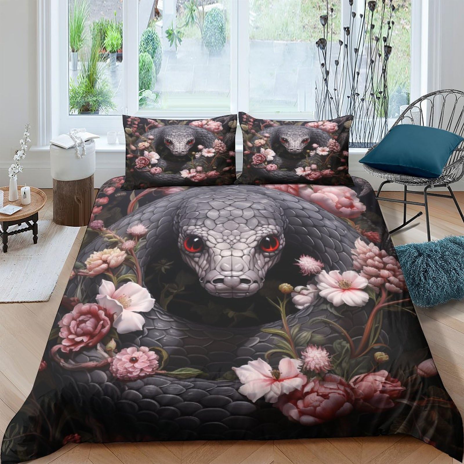 Housse de couette serpent 3D en microfibre 200x200 cm avec taies d'oreiller