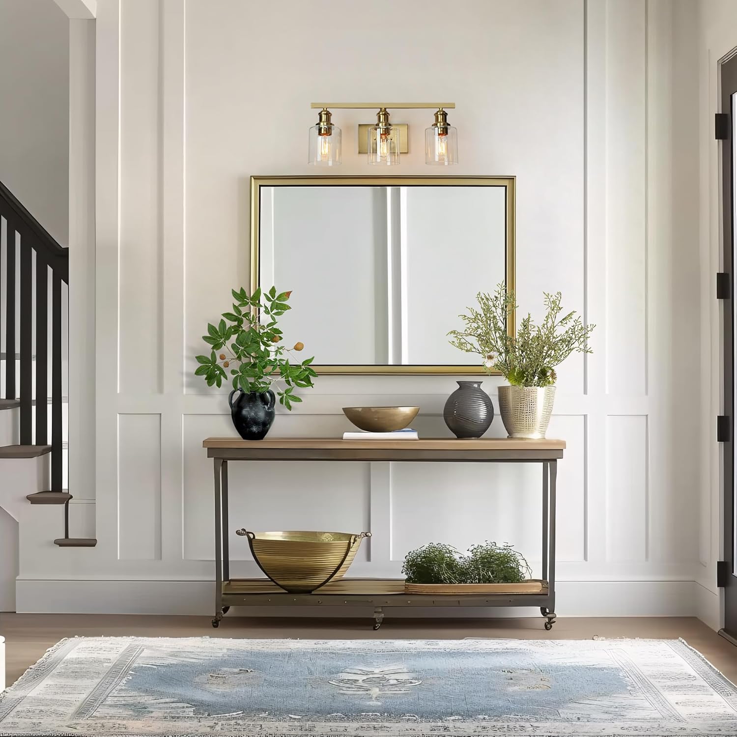 LALUZ 3-Light Gold Bathroom Vanity Light, 22” Modern Wall Sconce with Clear Glass Shades, Electroplated Brass Wall Light Fixture Over Mirror for Bathroom, Powder Room, Bedroom