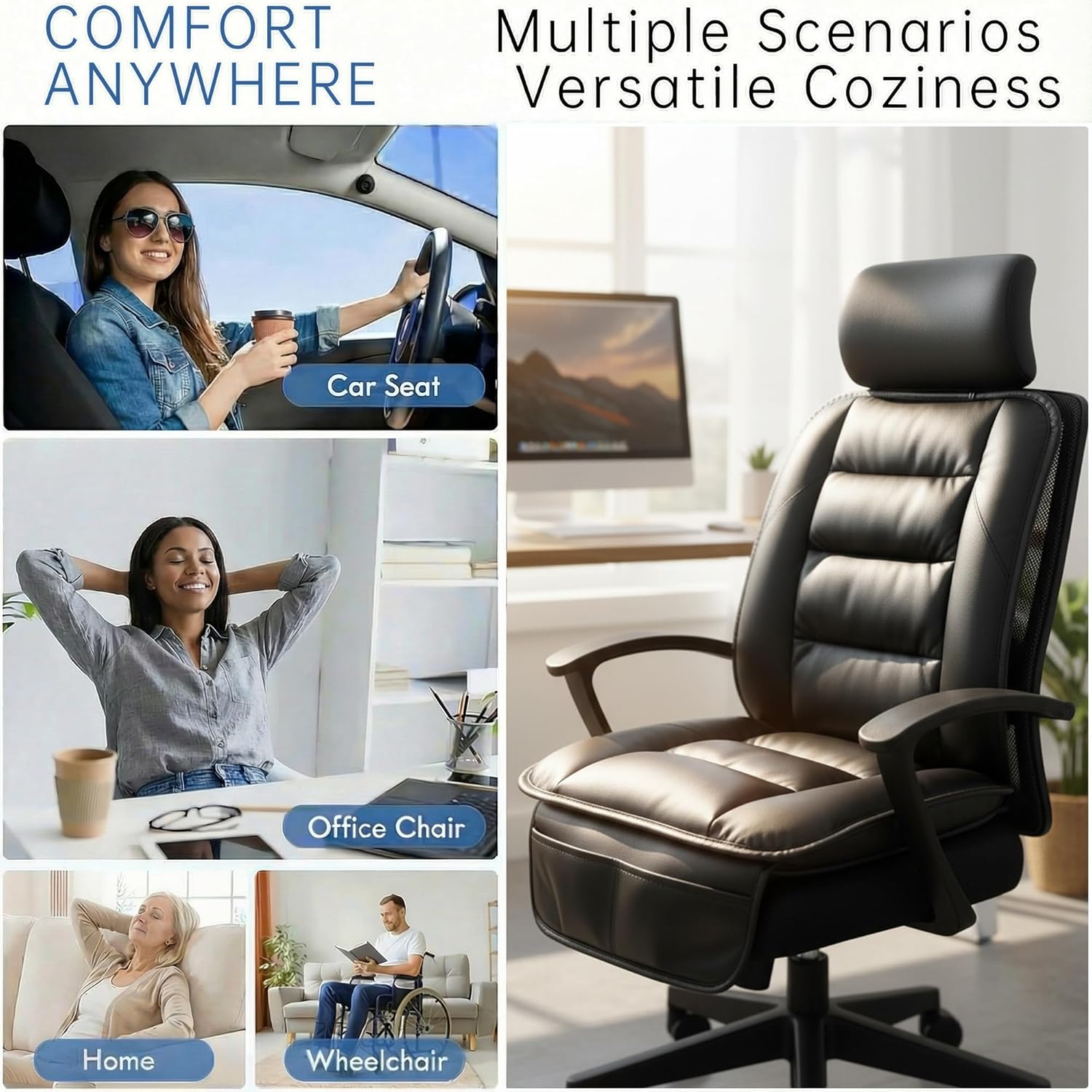 CORRIDOR Genuine Leather Seat Cushion for Car - Handmade - Relieve Hip, Pressure and Sciatica Pain - Ideal for Lower Back Pain - for Office Chair and Car Seat (Premium Black, Seat + Backrest)