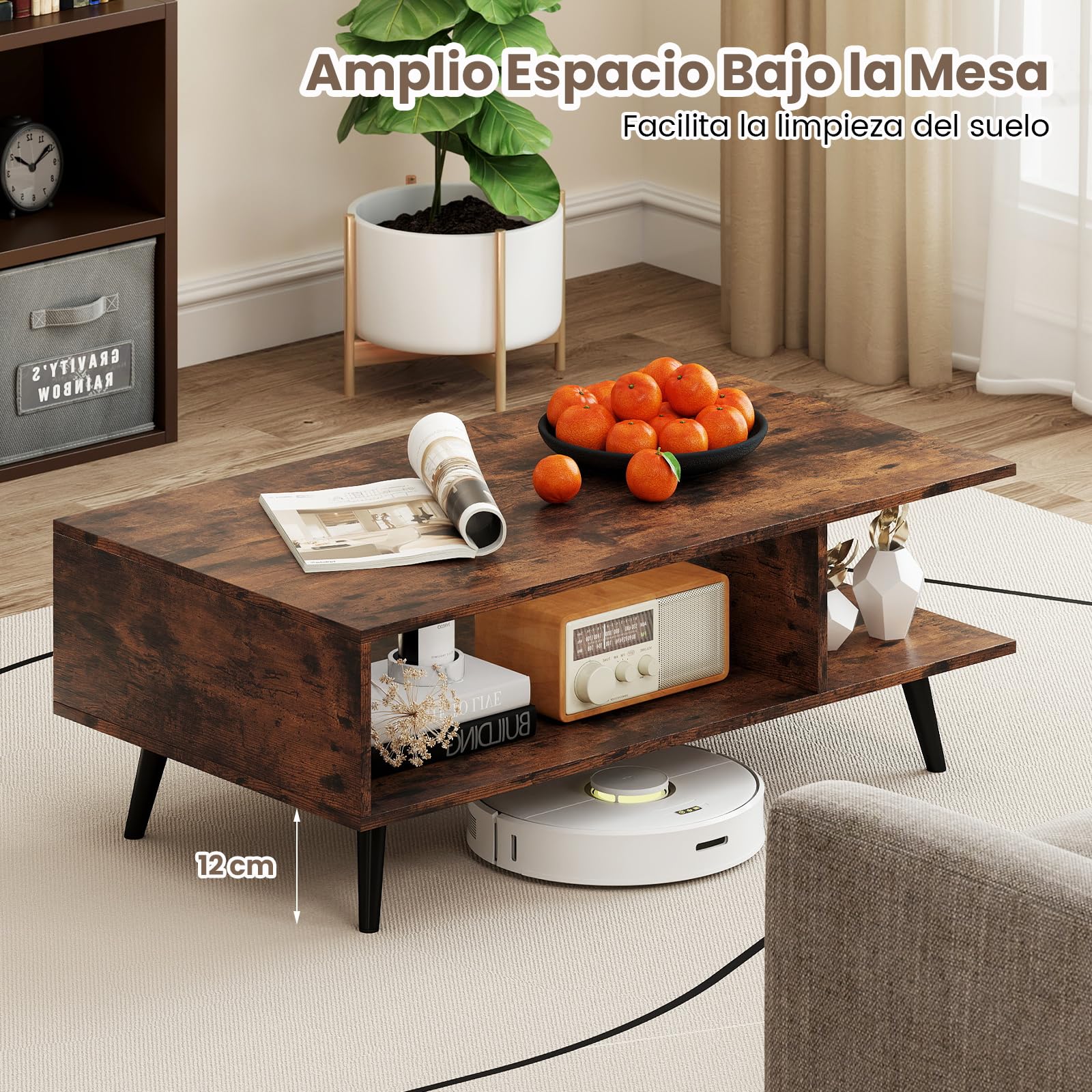 COSTWAY Mesa de Centro con Almacenamiento, Mesa Auxiliar Moderna con Estante Abierto, Mesita Central Rectangular de 2 Niveles con Patas Metálicas para Salon (Café)