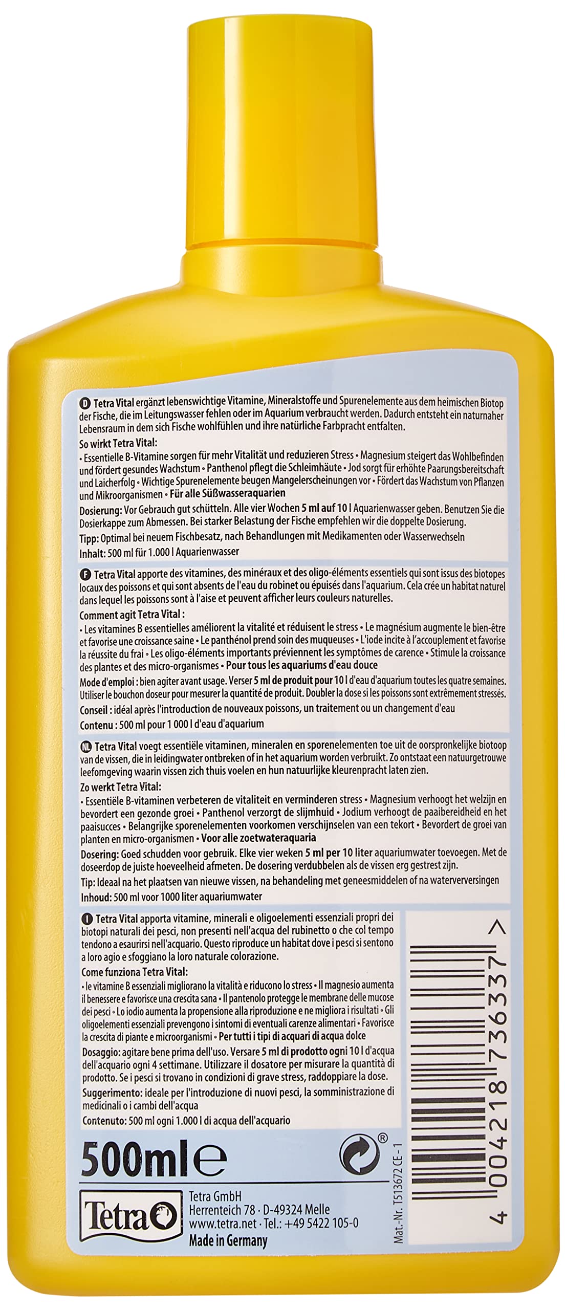 Tetra 736.337 TetraVital, per promuovere la vitalità del sentimento bene e il tripudio di colori di pesci ornamentali, 500 ml