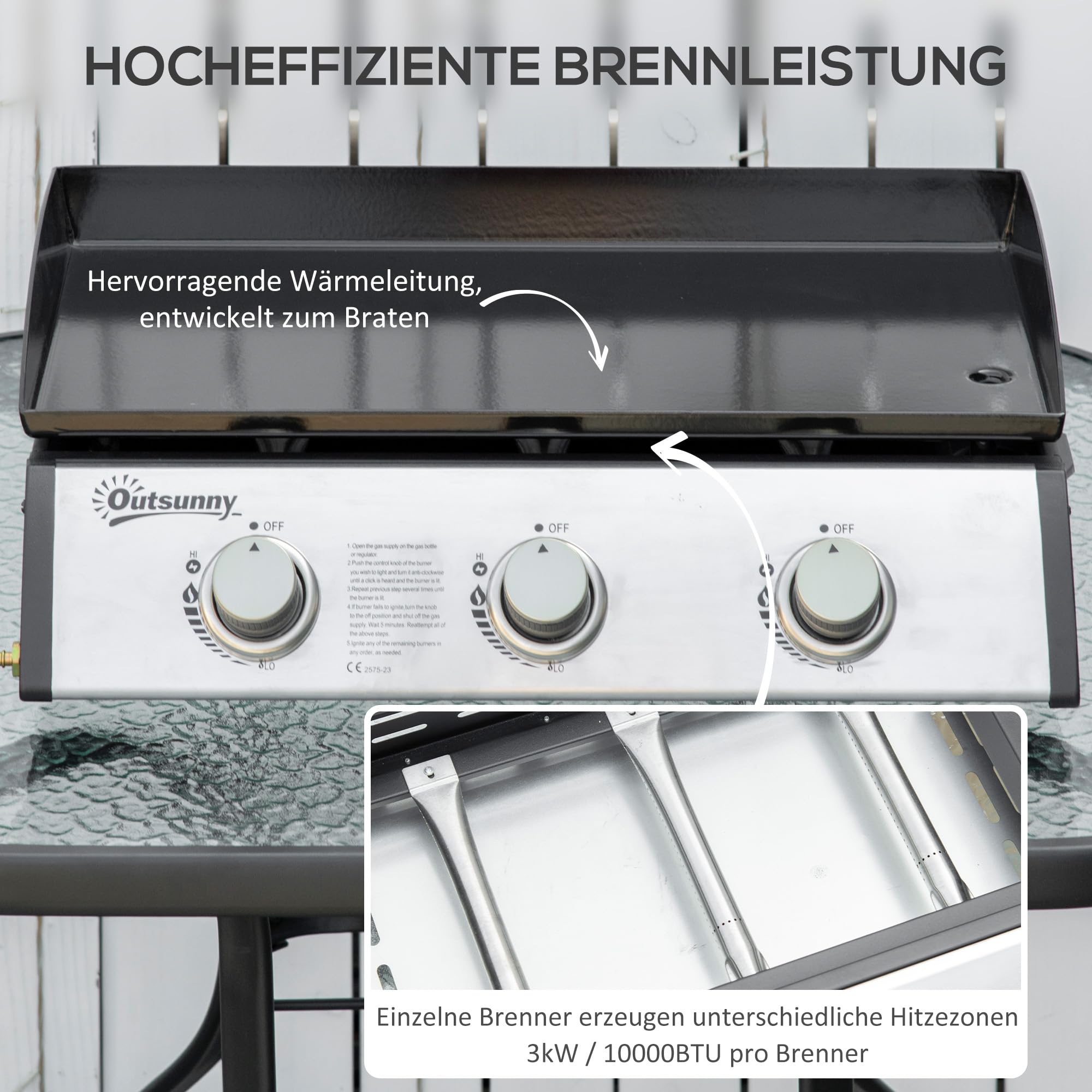 Outsunny Gasgrill mit 3 Brenner 7,5 kW Grillfläche 65 × 35,5 cm tragbarer Tischgrill Tischgasgrill aus Edelstahl BBQ Campinggrill für Garten Balkon Camping Schwarz+Silber