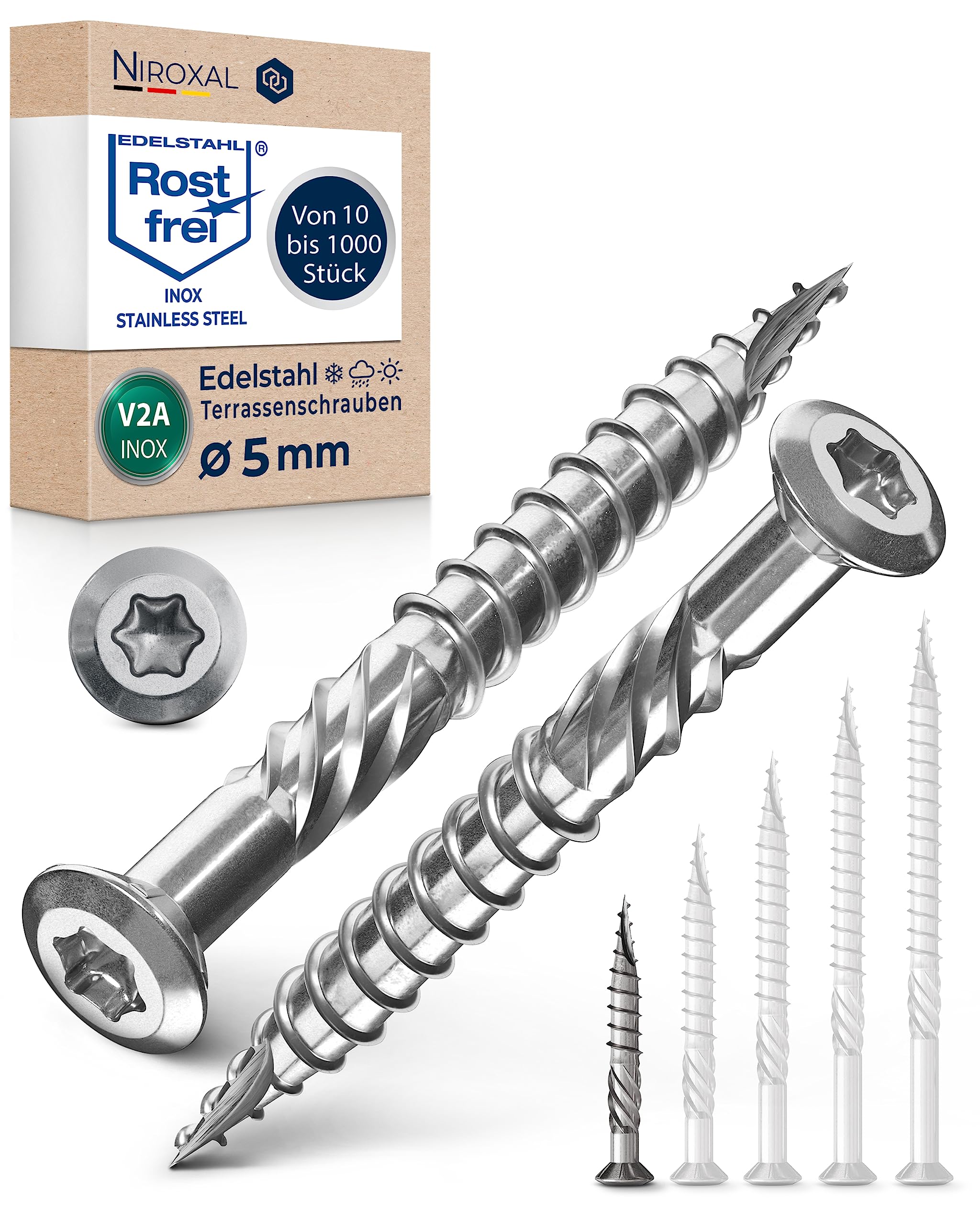 Terrassenschrauben Edelstahl A2 V2A 5x40 mm Torx 25 Holzschrauben Linsenkopf Teilgewinde für Terrassendielen Packung 200 Stück NietFullThings