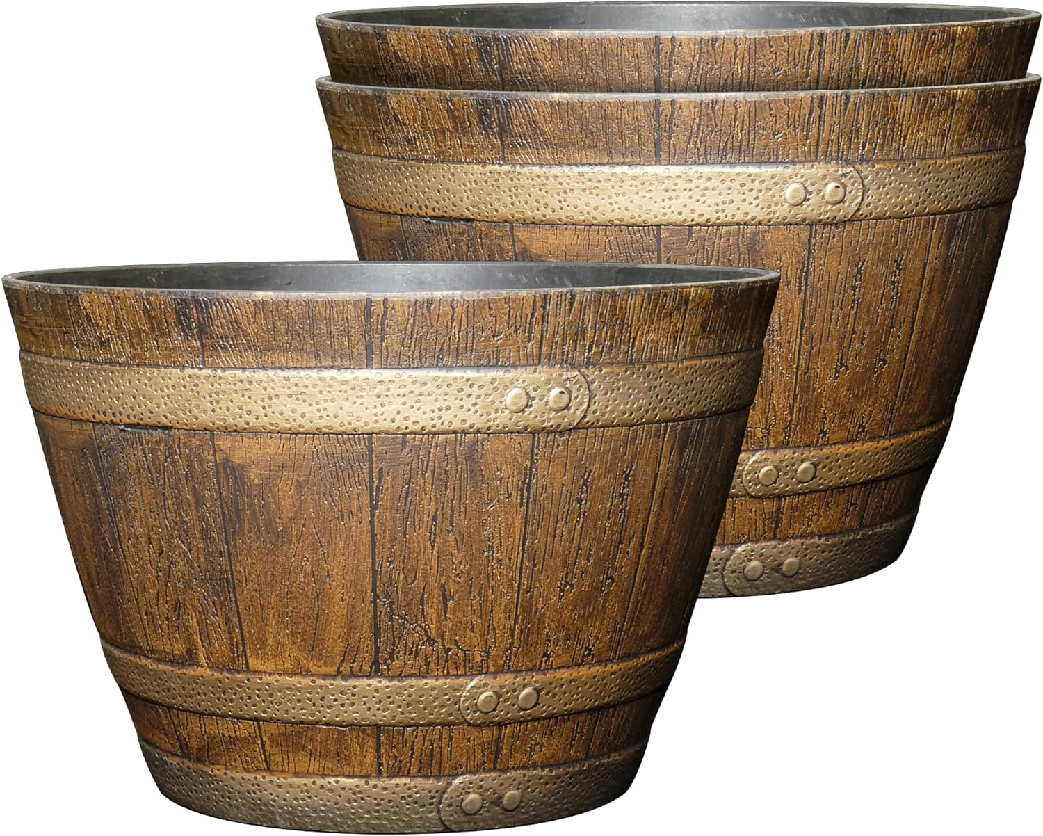Classic Home and Garden Outdoor Whiskey Resin Flower Pot Barrel Planter, Oak Brown, 15" (Pack of 3)