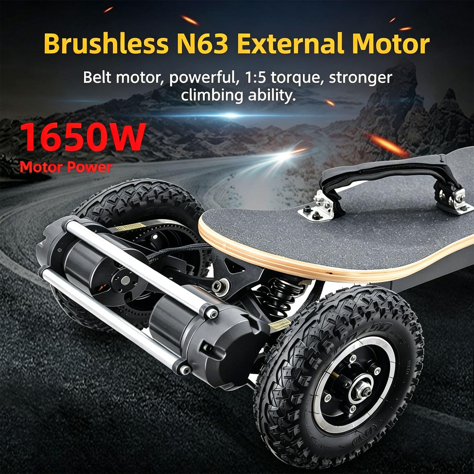 Longboard Skateboard, mountainboard Tout Terrain, Plateau 10 Plis, amortisseurs performants, Max 30 km Range at Steady 2nd Gear Speed, idéal Campus et trajets Routiers Rounded-Corners