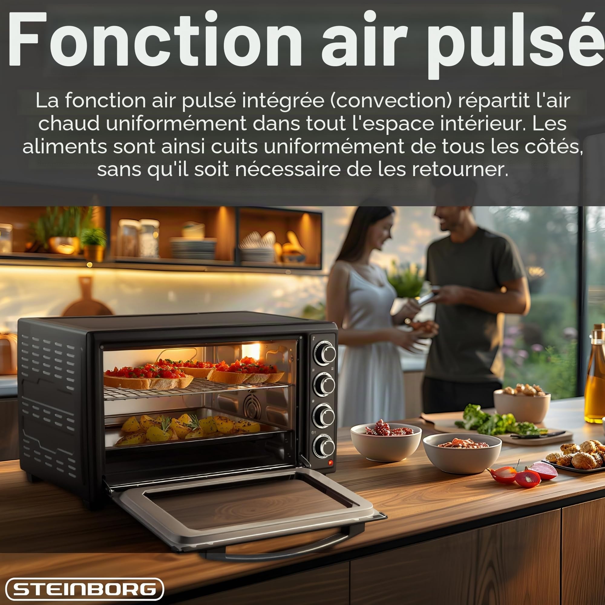 Steinborg® Mini four à pizza 3 en 1 3 en 1 avec chaleur tournante et tournebroche, 2000 W, taille XXL, 100 à 230 °C, minuterie 60 min, chaleur de voûte/sole et convection, four à pizza 3 en 1, avec