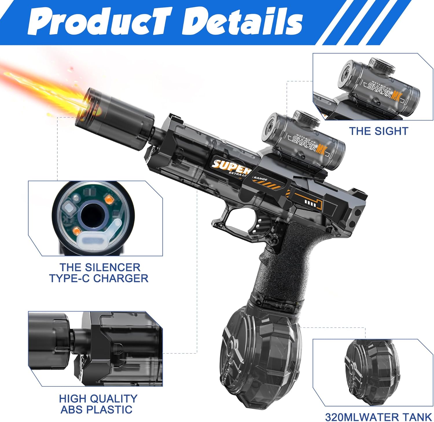 Electric Water Gun Fire Flash Upgraded, 320 Capacity Water Pistol Toy Squirt Gun for Kids Adults, Summer Outdoor Toy Yard Beach Swimming Water Play Toys (Black)