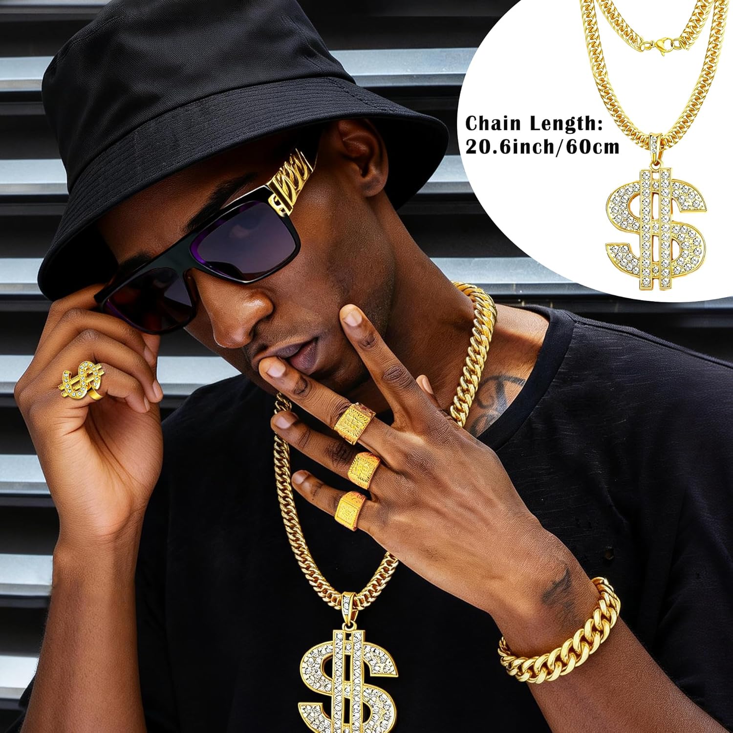 RIOSO 80s 90s Hip Hop Costume for Men Fake Big Chain Dollar Sign Rapper Outfits Kit Mens 90s Jewelry Costumes Accessories - Image 5