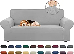 KEKUOU Stretch Loveseat Sofa Cover Slipcover,Couch Covers for 2 Cushion Couch Sofa (55"-78") Furniture Protector Sofa with Elastic Bottom for Kids,Dog. Jacquard Small Checked (Medium,Silver)