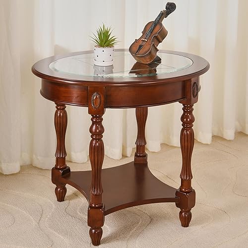 LEEMTORIG Mesas auxiliares de madera maciza para sala de estar, mesas auxiliares redondas ovaladas con parte superior de vidrio y estante de