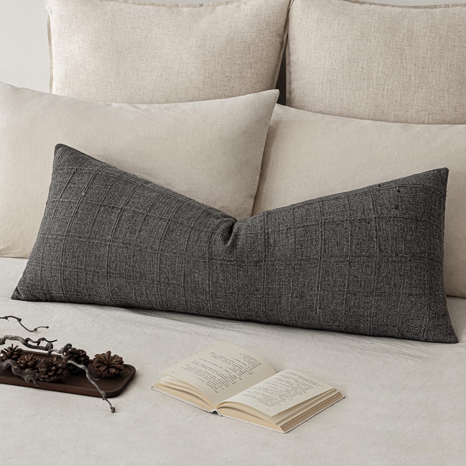 Foindtower Set of 1 Decorative Linen Check Throw Pillow Cover Neutral Long Body Lumbar Cushion Cover Farmhouse Vintage Home Decor for Sofa Chair Couch Bedroom Living Room,14×36 Inch,Charcoal