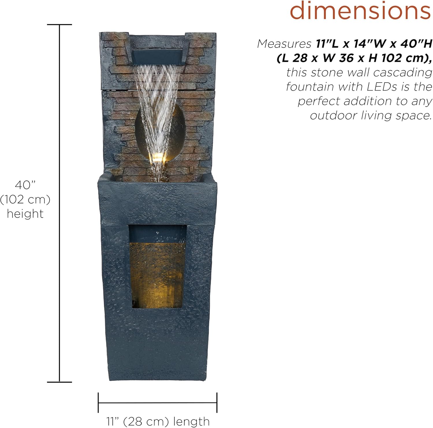 Alpine Corporation TZL398 40" Stone Wall Cascading Fountain with LED Lights, Elegant Outdoor Water Feature for Garden, Patio, Backyard & Home Decor, Relaxing Waterfall Fountain, Gray