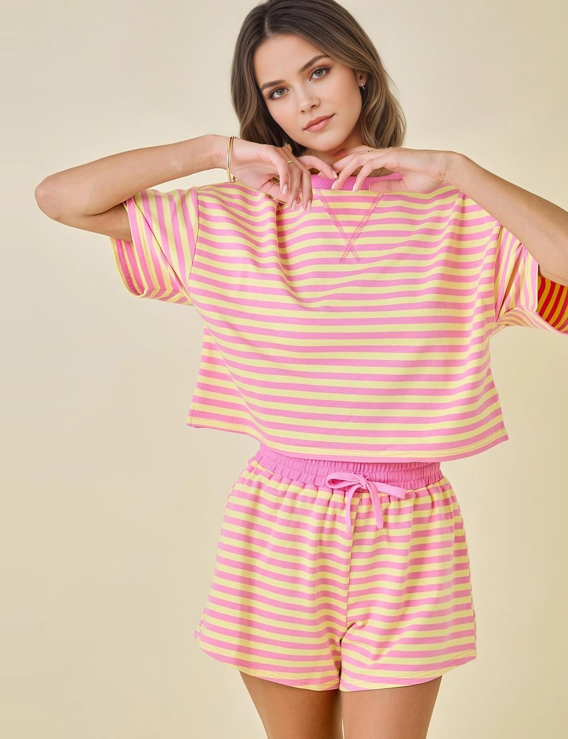 MSBESYOR Striped Set for Women Summer 2 Piece Lounge Sets Casual Pajamas Matching Set Short Sleeve T-Shirt and Shorts Outfits
