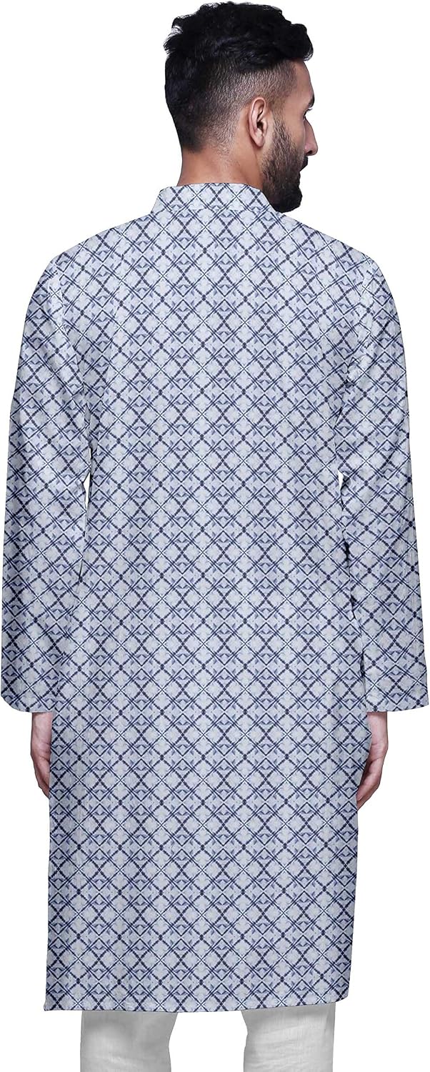 Atasi Cotton Flex Mens Kurta Printed Chinese Collar Mens Long Kurta Shirt Denim Blue