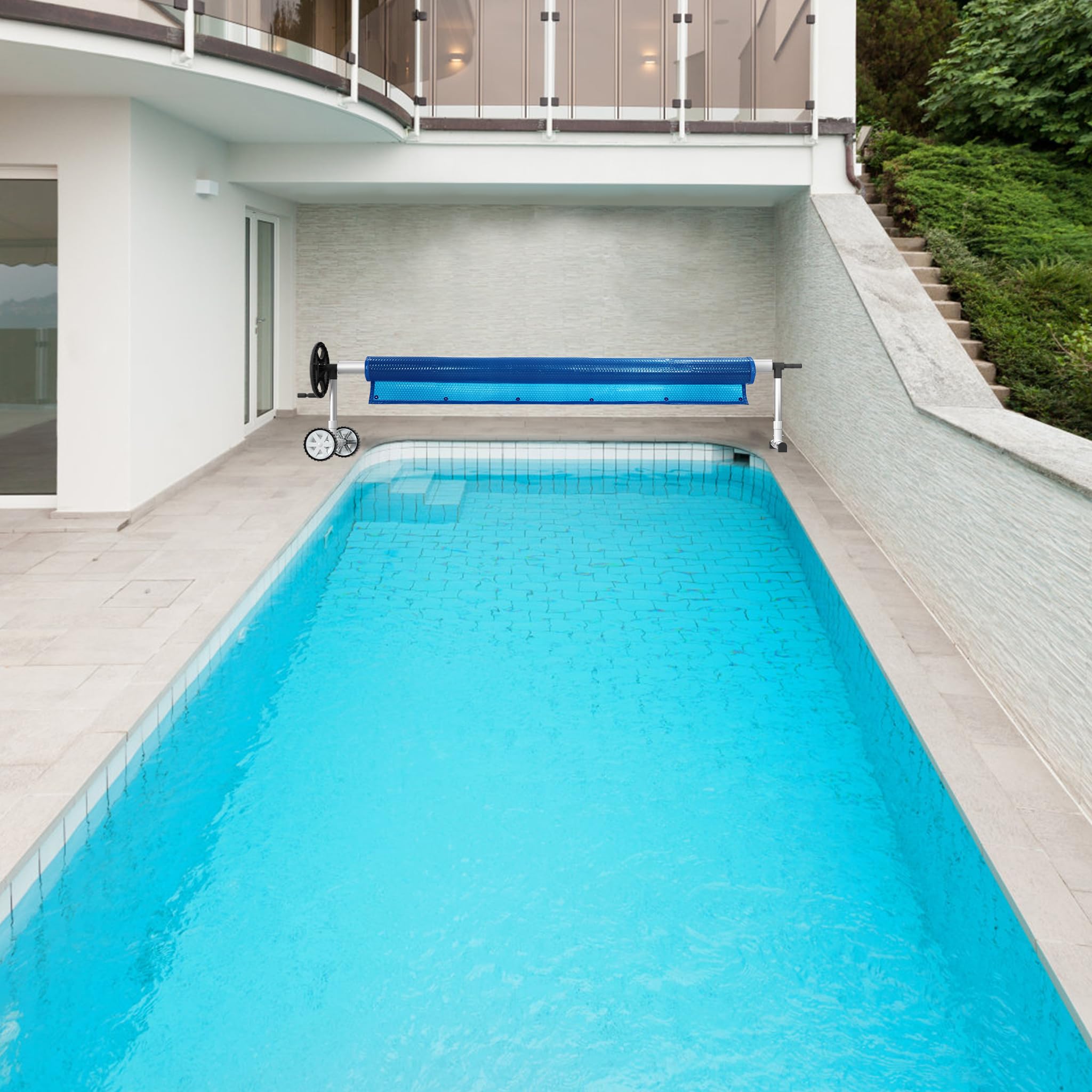 NAIZY Aufrollsystem 3m - 5,7m Pool Aufroller für Poolfolie Abdeckung Mobiles Aufrollvorrichtung mit Rädern Poolaufroller inkl. 8 Clips, CR16