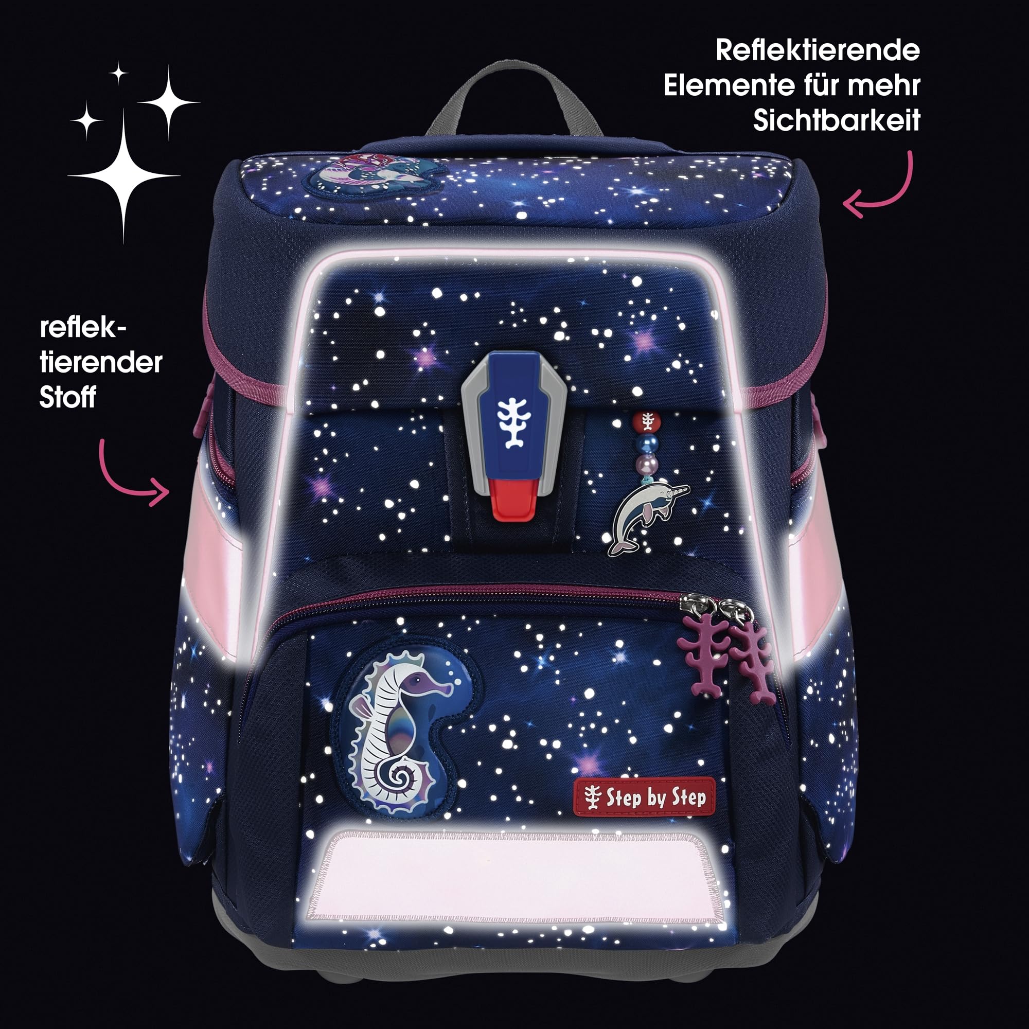 Step by Step Schulranzen-Set Space Reflect „Star Seahorse Zoe“ 5-teilig, ergonomischer Tornister, Reflektoren, höhenverstellbar, Hüftgurt, Grundschule, 1. Klasse, 20L, lila-schwarz