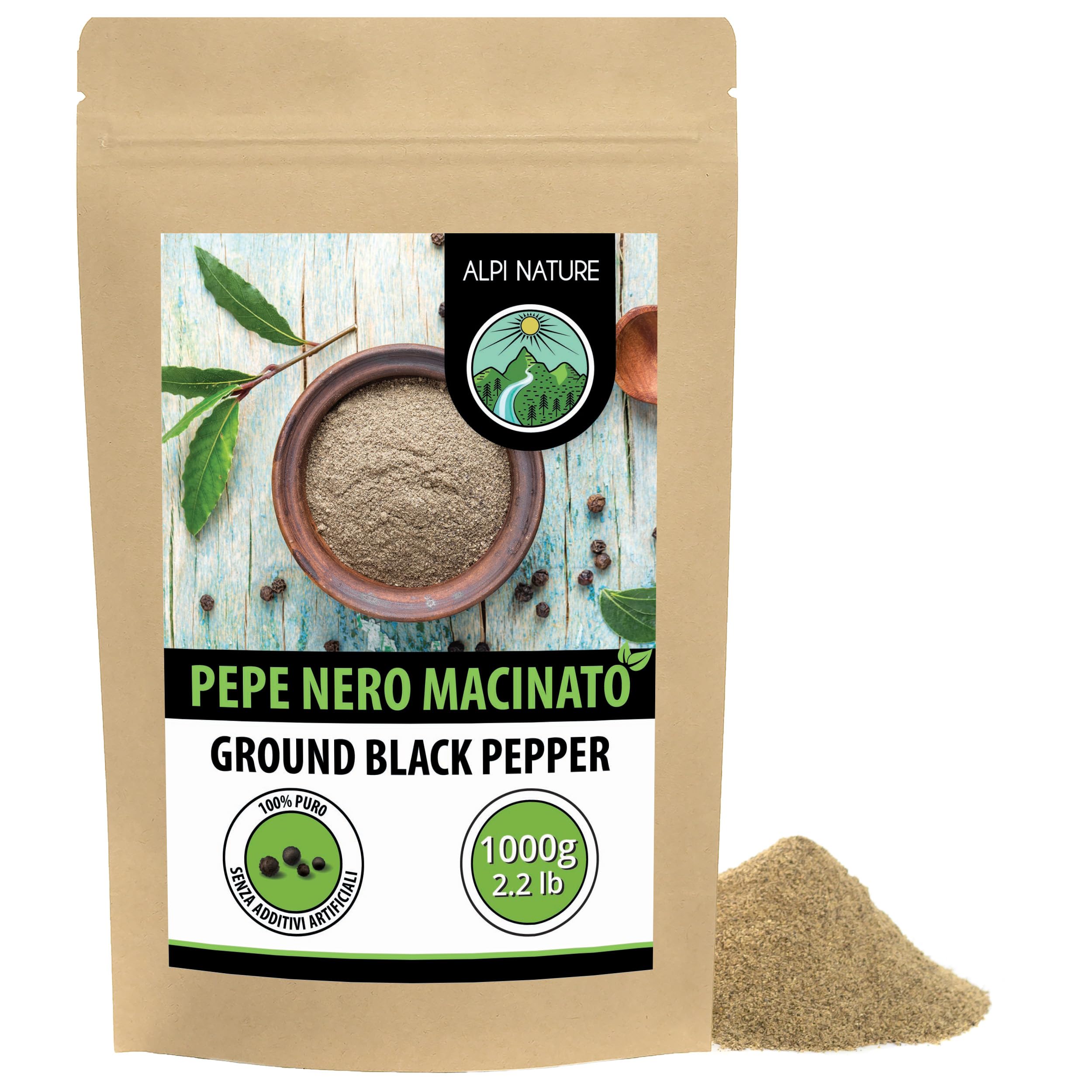 Alpi Nature Pepe Nero Macinato 1kg, Grani di Pepe Nero Macinati per Cucina e Miscele di Spezie