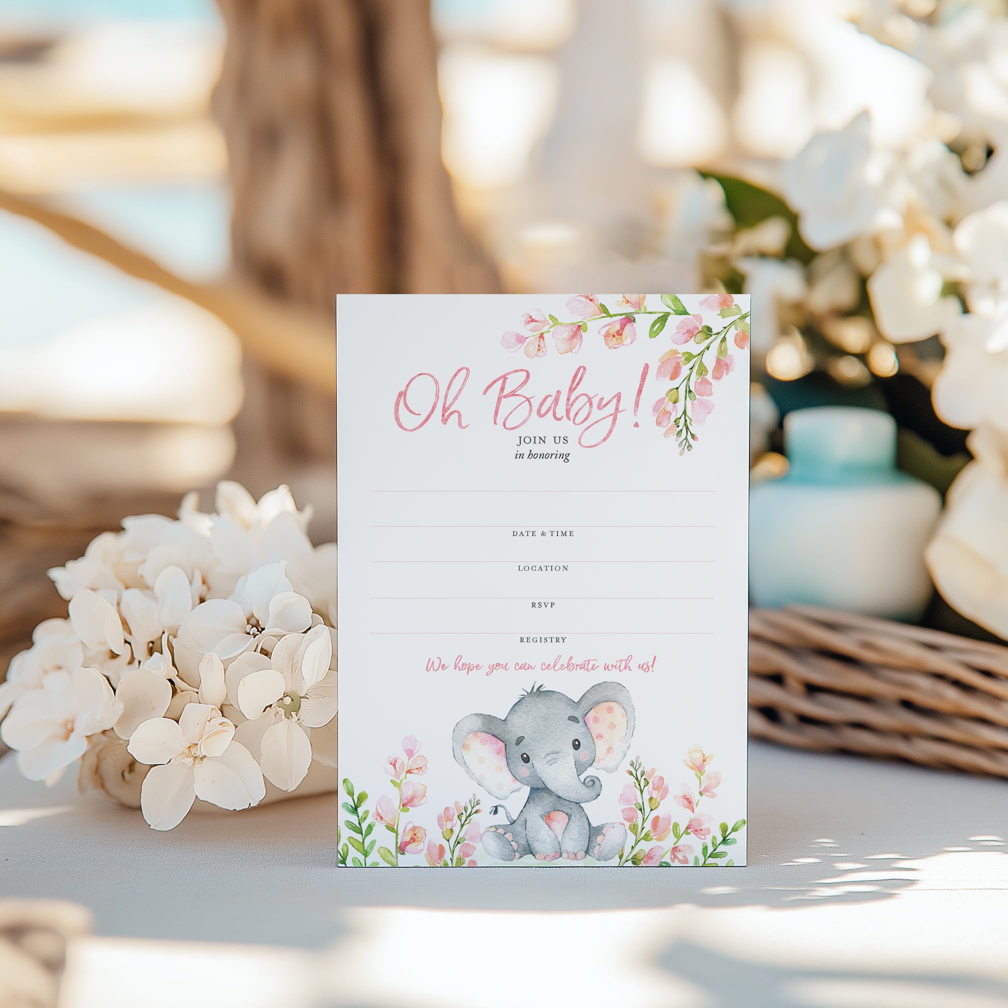 AmandaCreation Babyparty-Einladungskarten – Mit Elefantenmotiv, 12,7 X 17,8 Cm, 20 Stück Inkl. Umschläge